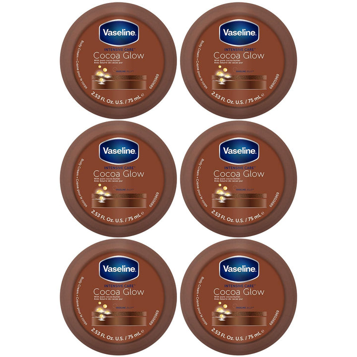 Vaseline front packaging showing six cocoa glow tubes and benefits