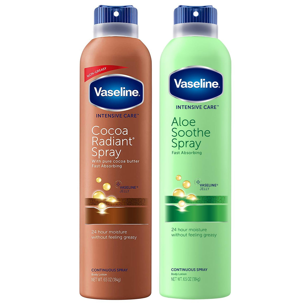 Vaseline front packaging showing both cocoa and aloe sprays, for quick hydration