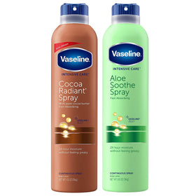 Vaseline front packaging showing both cocoa and aloe sprays, for quick hydration