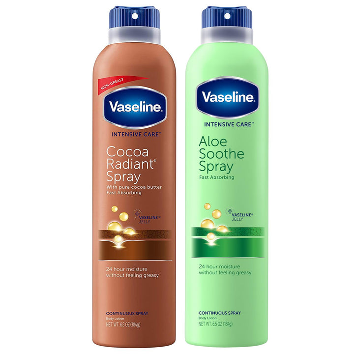 Vaseline front packaging showing both cocoa and aloe sprays, for quick hydration