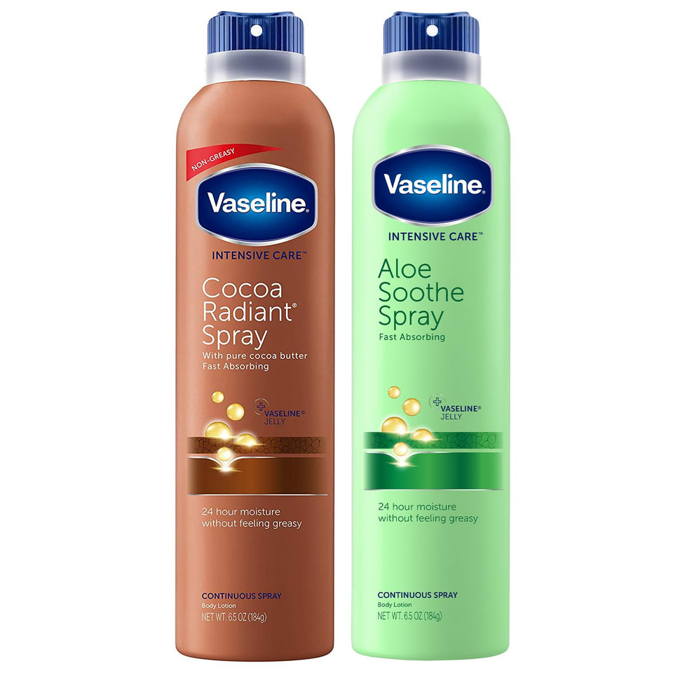 Vaseline front packaging showing both cocoa and aloe sprays, for quick hydration