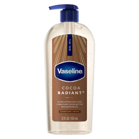 Vaseline front packaging showing 12 oz bottle and cocoa benefit