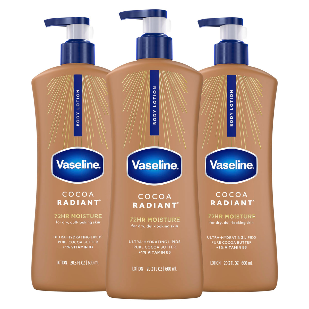 Vaseline front packaging showing three 20.3 oz bottles and product branding