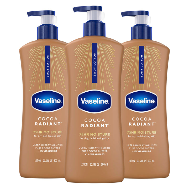 Vaseline front packaging showing three 20.3 oz bottles and product branding