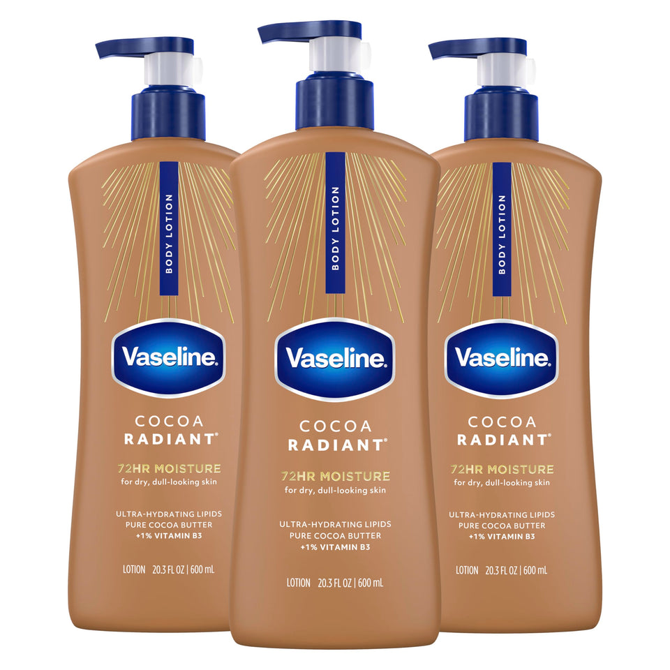 Vaseline front packaging showing three 20.3 oz bottles and product branding