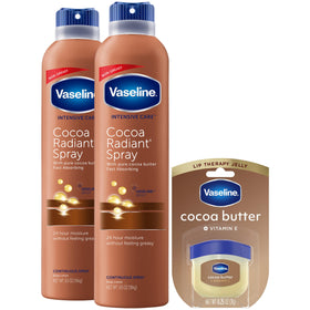 Vaseline cocoa radiant front packaging showing two spray bottles and mini lip therapy for quick hydration