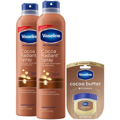 Vaseline cocoa radiant front packaging showing two spray bottles and mini lip therapy for quick hydration