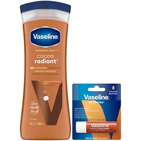 Vaseline front packaging showing cocoa radiant lotion and lip therapy for nourished skin