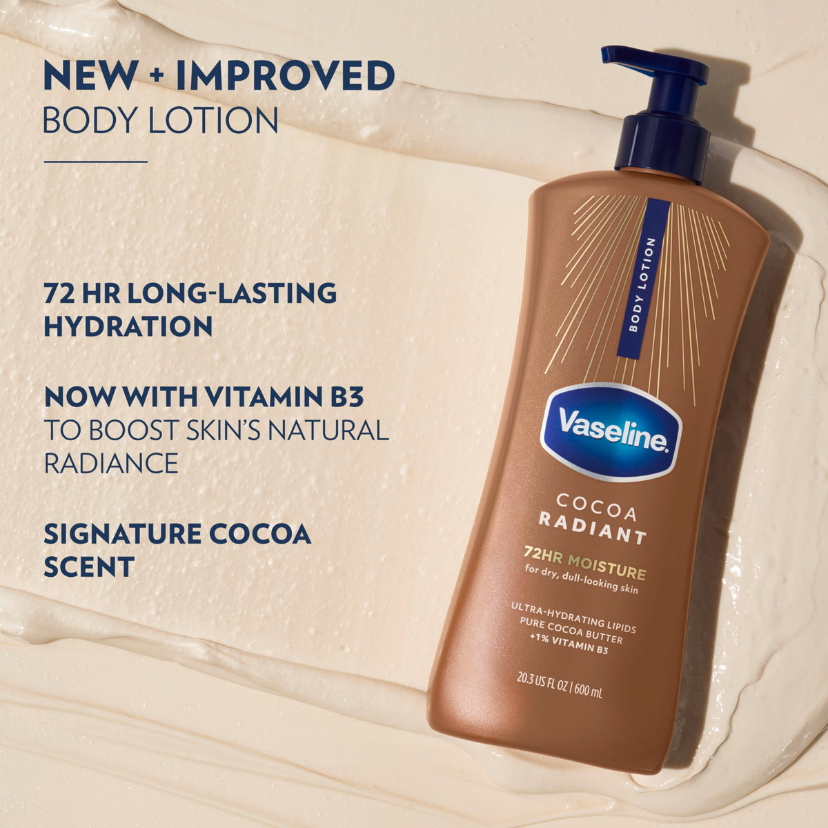 Vaseline cocoa butter ingredient image emphasizing nourishing hydration