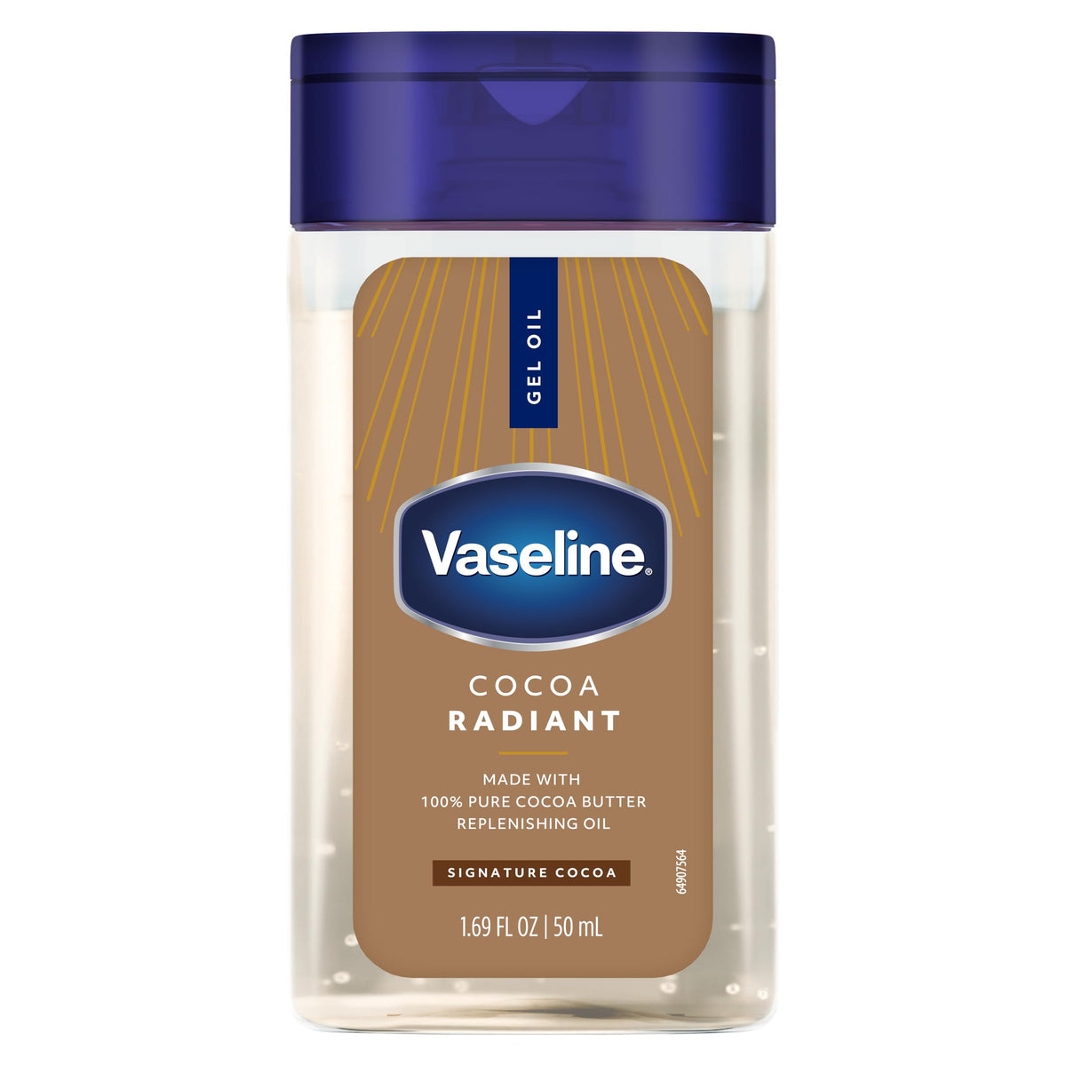 Vaseline jar open showing cocoa gel-to-oil texture and quick-absorbing feel