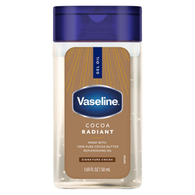Vaseline jar open showing cocoa gel-to-oil texture and quick-absorbing feel
