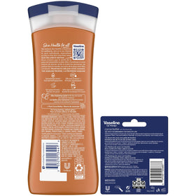 Vaseline bottle pump and label detail highlighting cocoa butter benefits and quick absorption