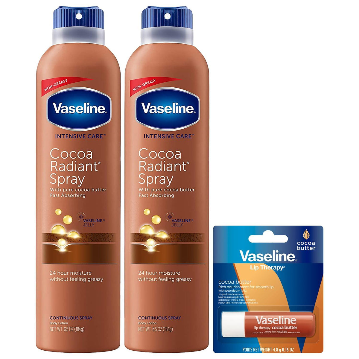 Vaseline cocoa radiant spray front packaging showing product benefits
