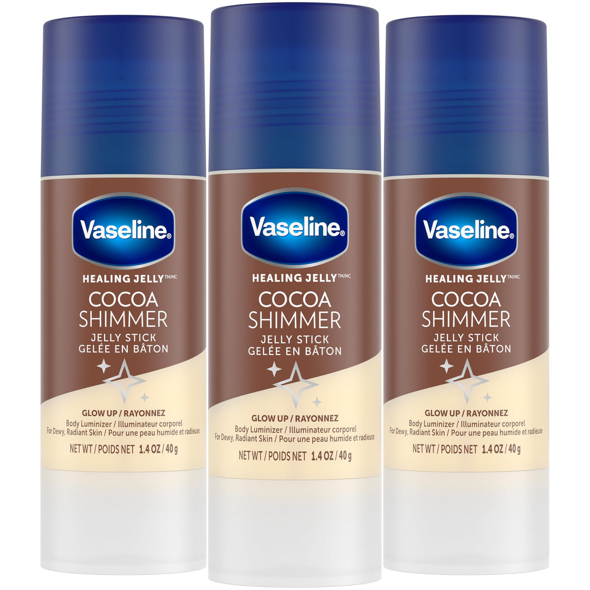 Vaseline front packaging showing three cocoa shimmer sticks and benefits
