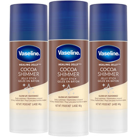 Vaseline front packaging showing three cocoa shimmer sticks and benefits