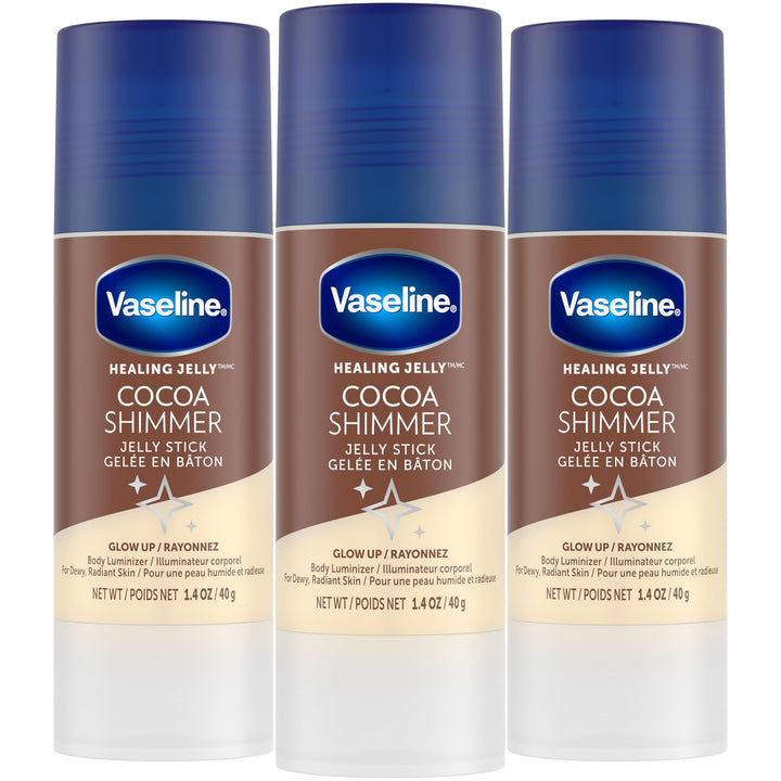 Vaseline front packaging showing three cocoa shimmer sticks and benefits