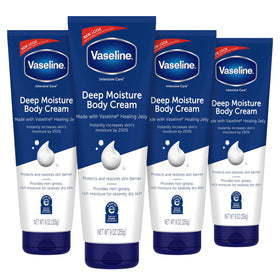 Vaseline front packaging showing four-pack and benefits for deep hydration