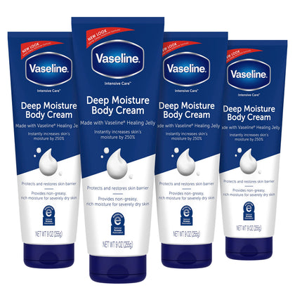 Vaseline front packaging showing four-pack and benefits for deep hydration