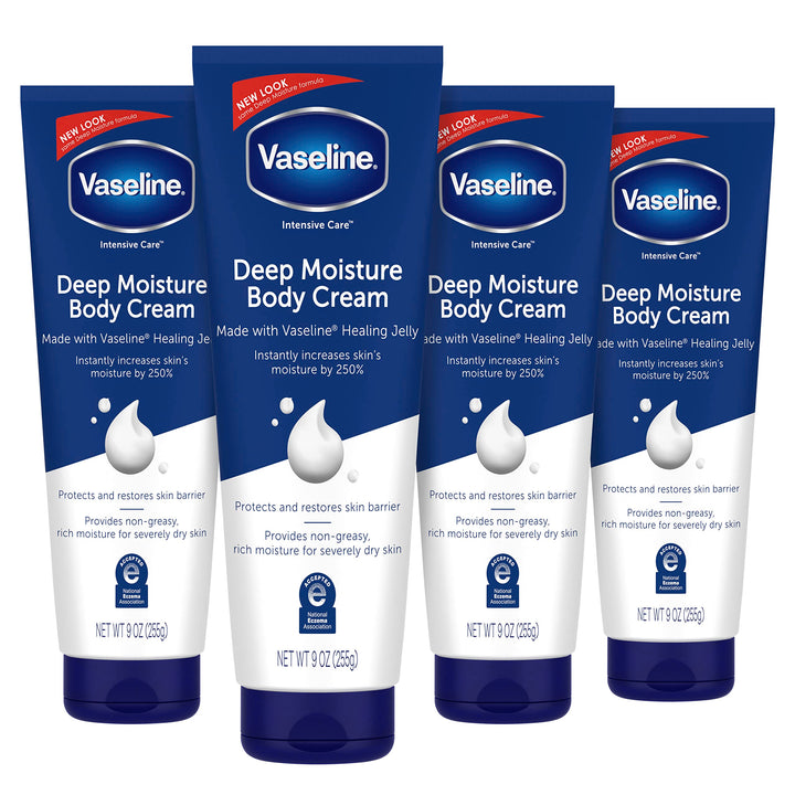 Vaseline front packaging showing four-pack and benefits for deep hydration