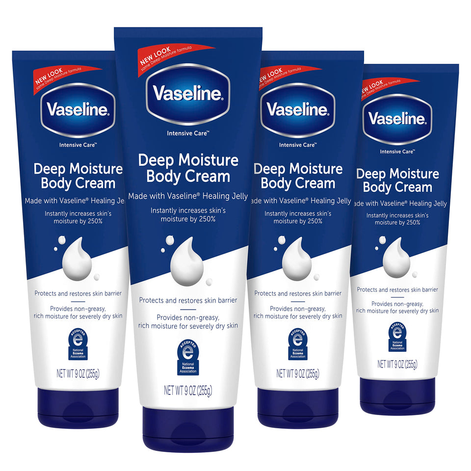Vaseline front packaging showing four-pack and benefits for deep hydration