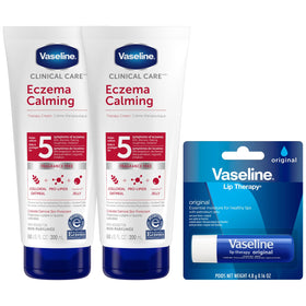 Vaseline front packaging showing two calming therapy cream tubes and lip balm, convenient bundle