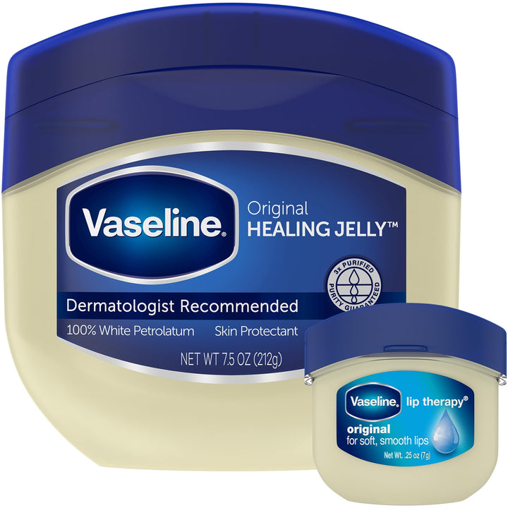 Vaseline jar front view showing brand and protective petrolatum benefits