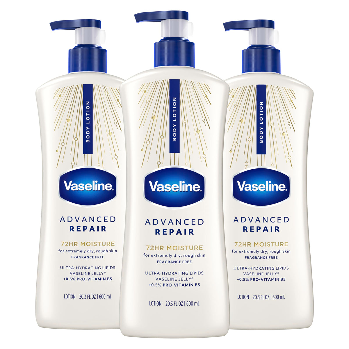 Vaseline front packaging showing three 20.3 oz bottles and product benefit