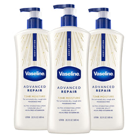 Vaseline front packaging showing three 20.3 oz bottles and product benefit