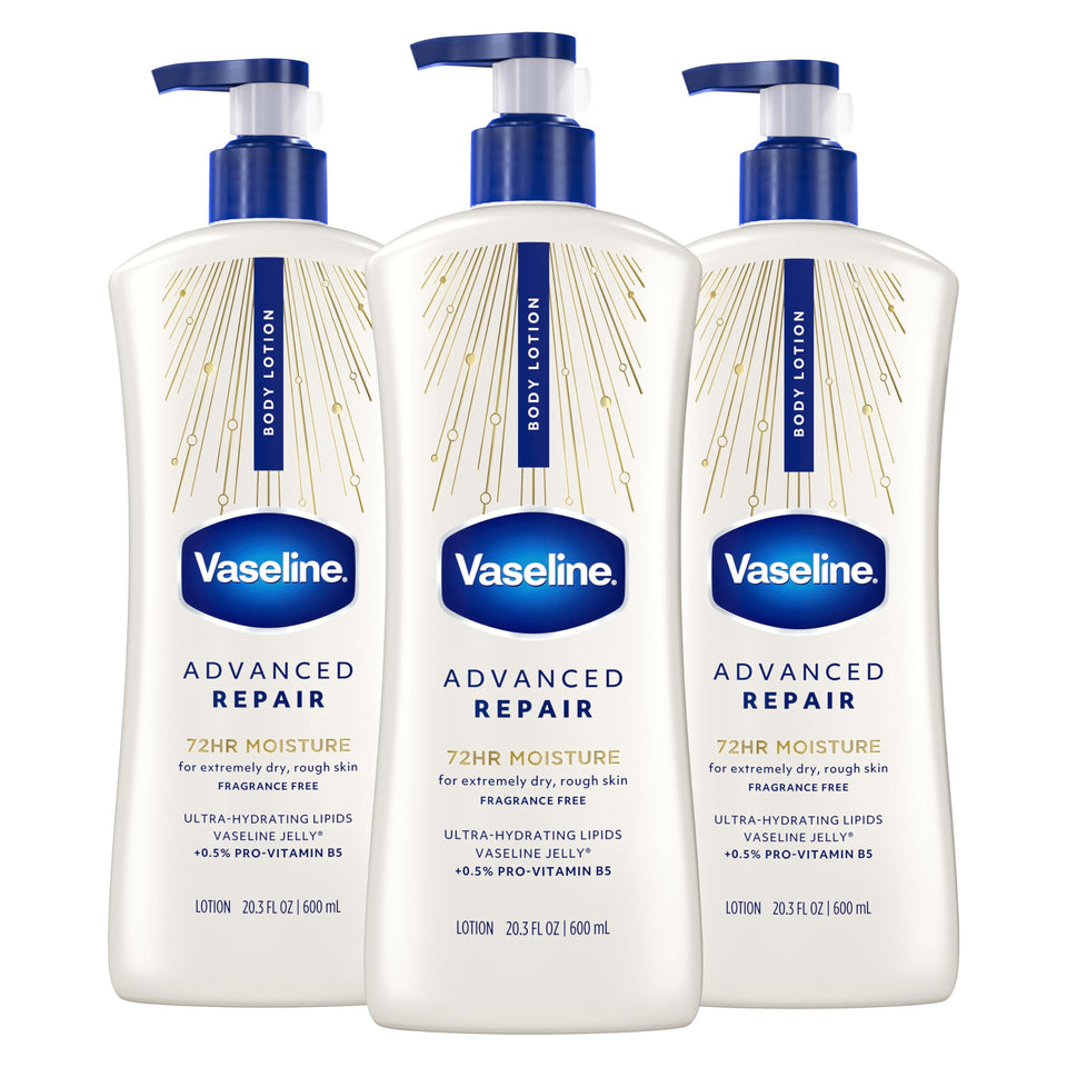 Vaseline front packaging showing three 20.3 oz bottles and product benefit