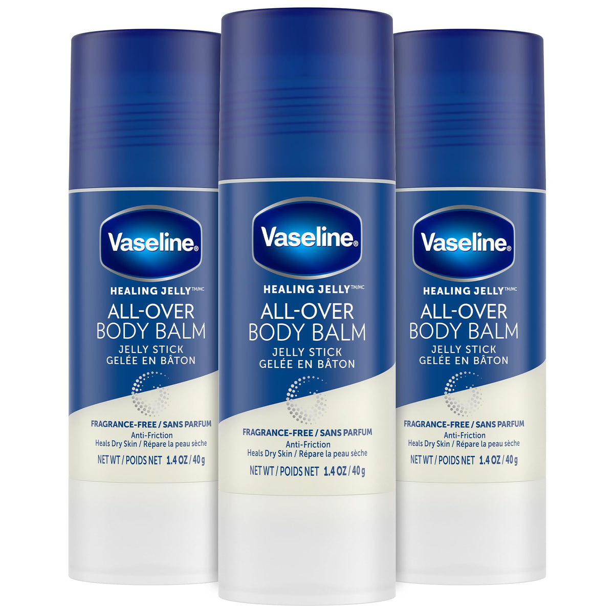 Vaseline front packaging three-pack shows compact travel-friendly balm