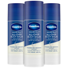 Vaseline front packaging three-pack shows compact travel-friendly balm