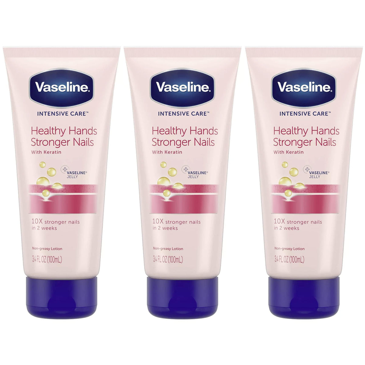 Vaseline front packaging 3-pack showing travel-sized tubes and benefits