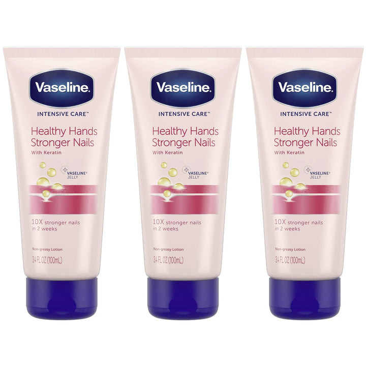 Vaseline front packaging 3-pack showing travel-sized tubes and benefits