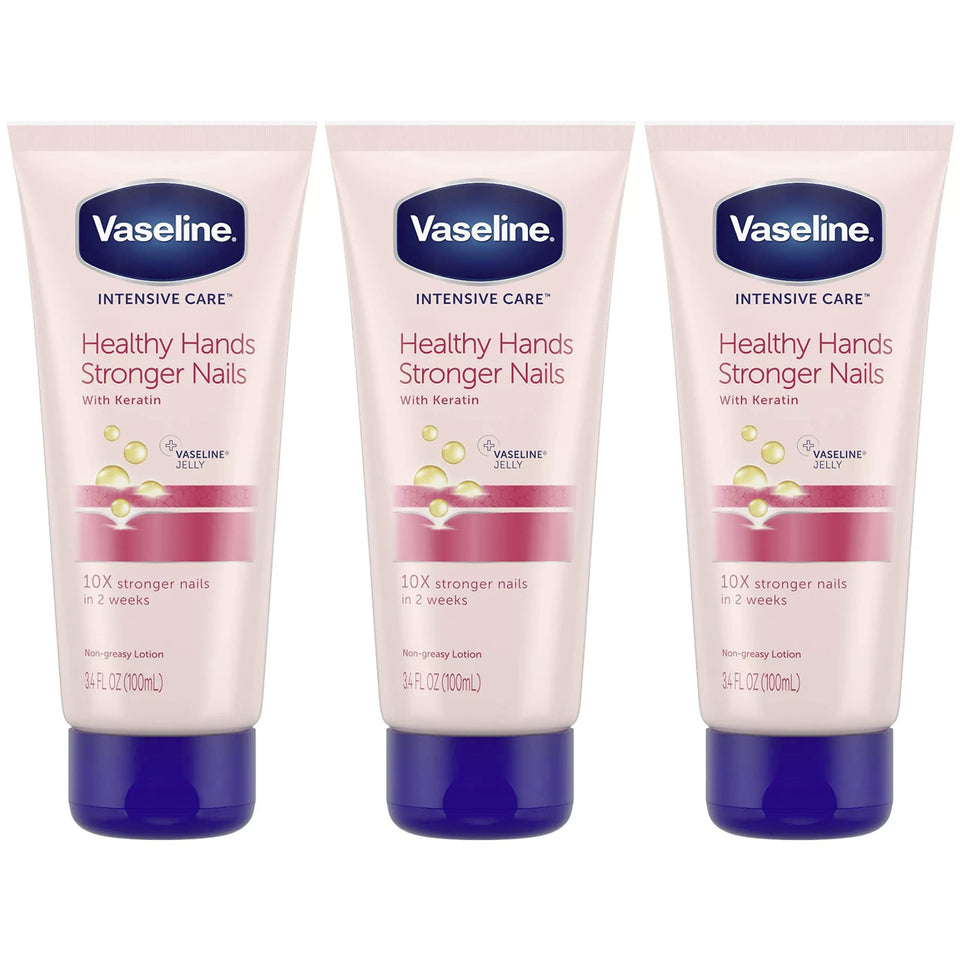Vaseline front packaging 3-pack showing travel-sized tubes and benefits