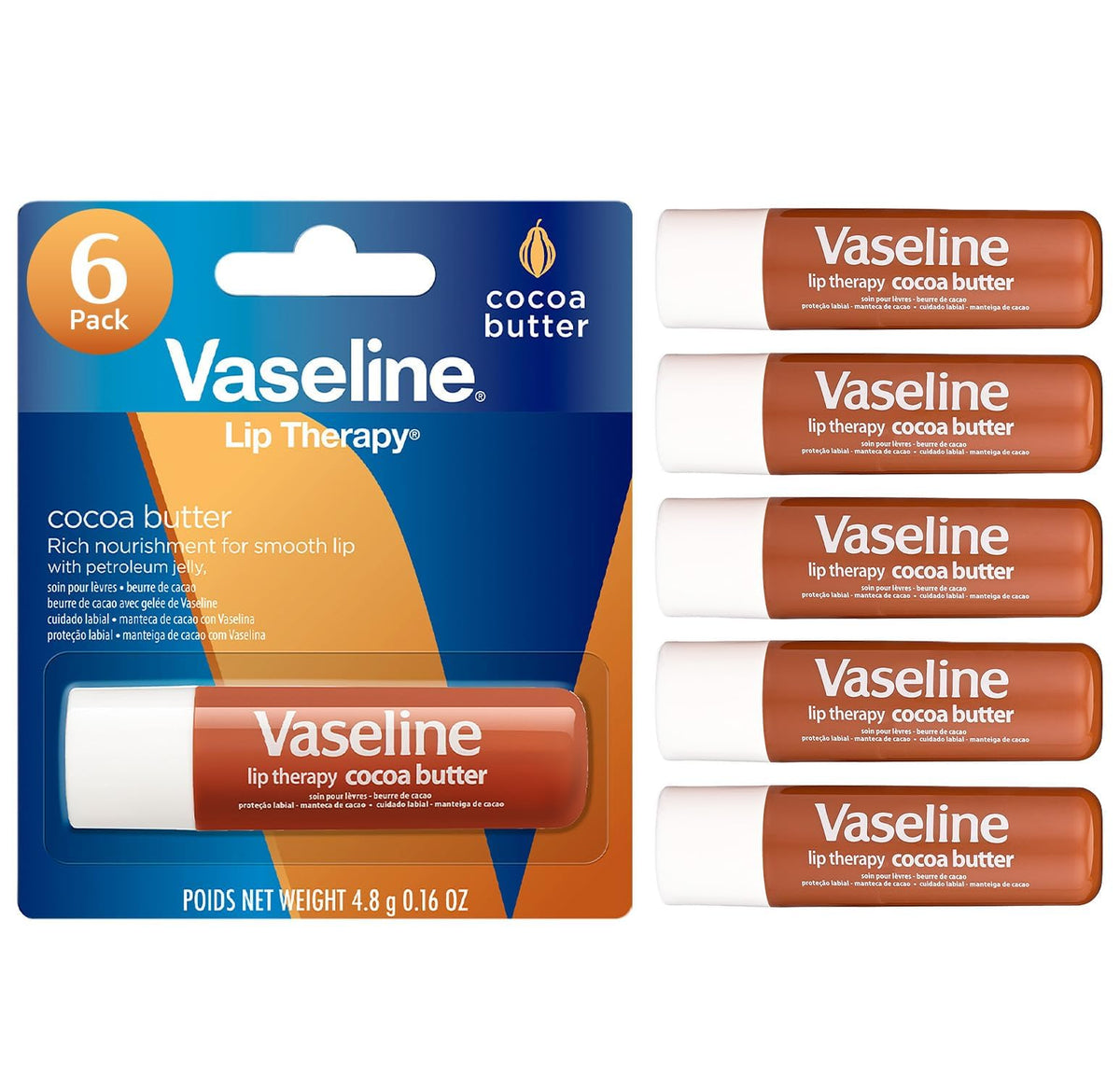 Vaseline front packaging six-pack showing cocoa butter scent and travel convenience