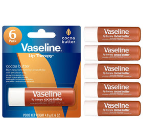 Vaseline front packaging six-pack showing cocoa butter scent and travel convenience