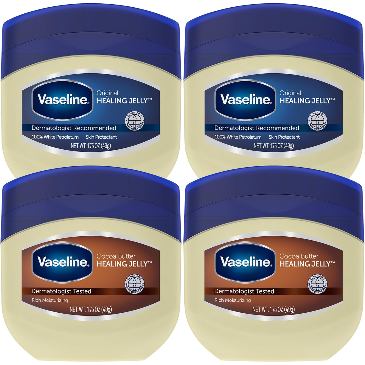 Vaseline four-pack front packaging showing travel-size jars and convenience