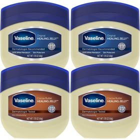 Vaseline four-pack front packaging showing travel-size jars and convenience