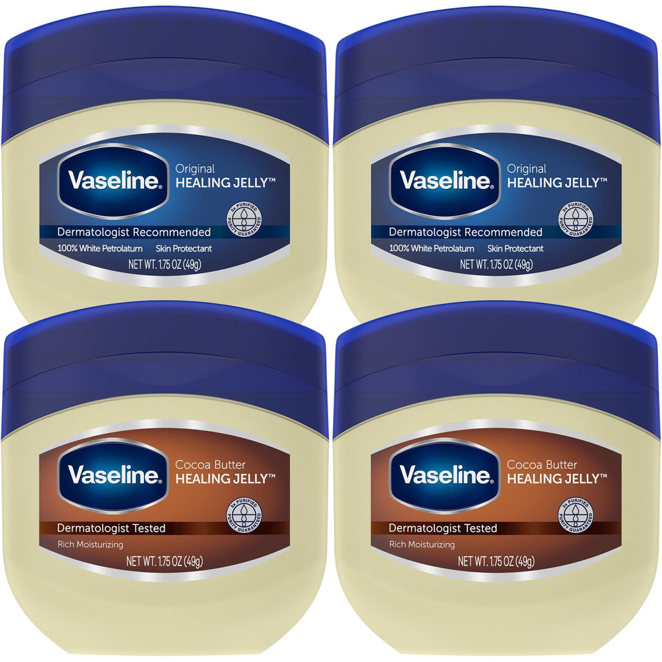 Vaseline four-pack front packaging showing travel-size jars and convenience