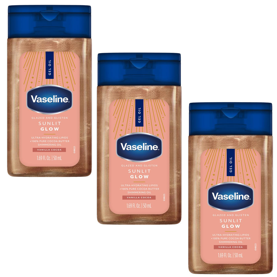 Vaseline front packaging showing glazed glisten body gel oil and vanilla cocoa scent benefit