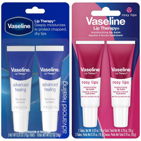 Vaseline twin pack front packaging showing both Original and Rosy Lips protecting lips