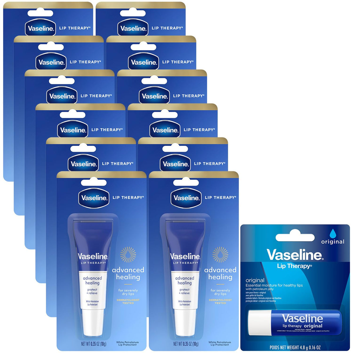 Vaseline front packaging showing 12-pack for convenient lip care