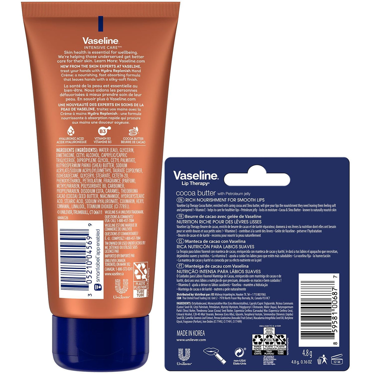 Vaseline hand cream back label close-up showing ingredients and usage details