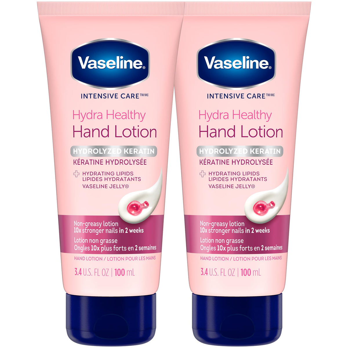 Vaseline hand cream front packaging showing two 3.4 oz tubes and product benefits