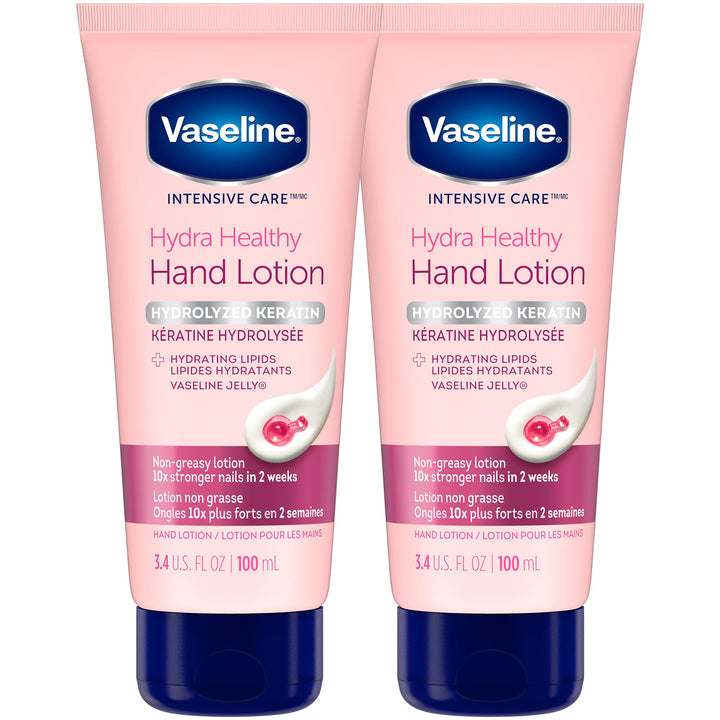 Vaseline hand cream front packaging showing two 3.4 oz tubes and product benefits