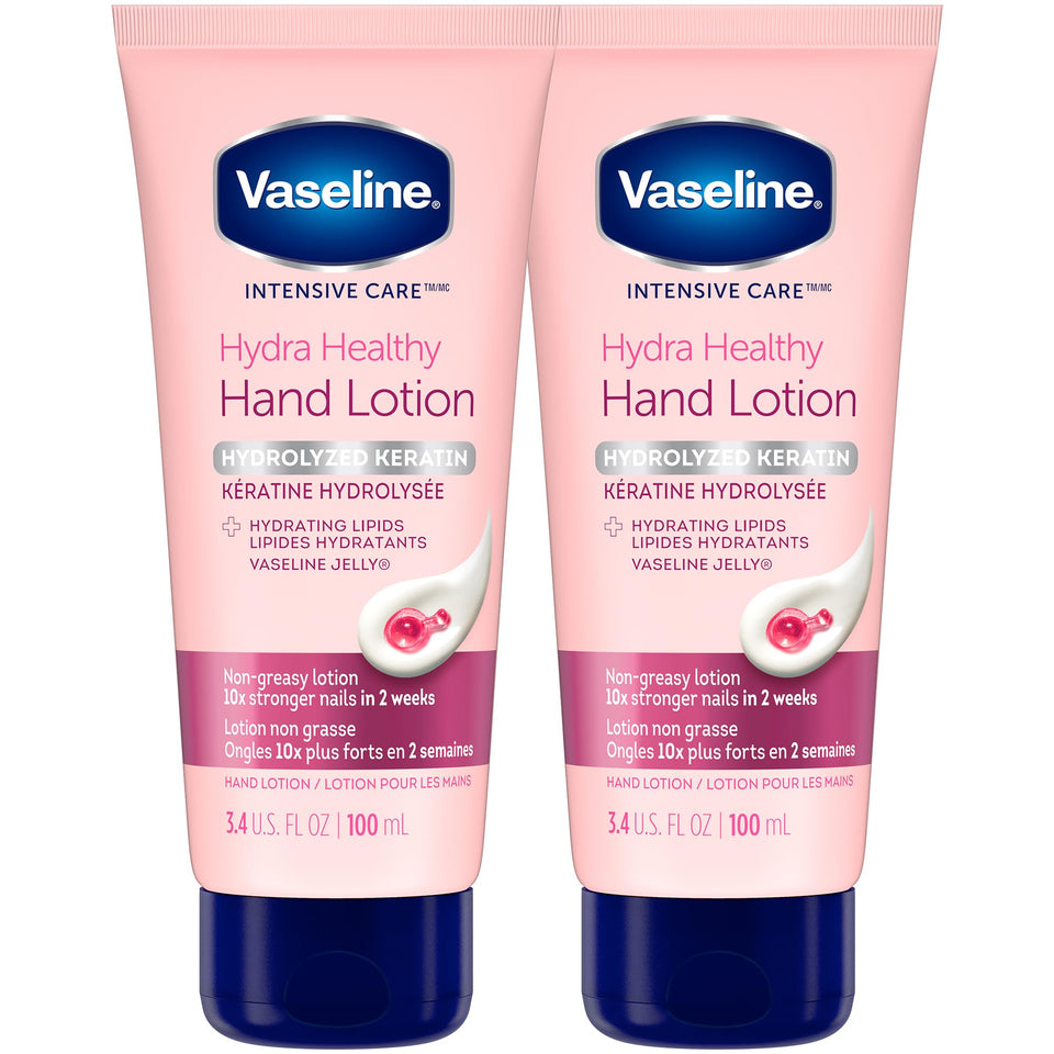 Vaseline hand cream front packaging showing two 3.4 oz tubes and product benefits