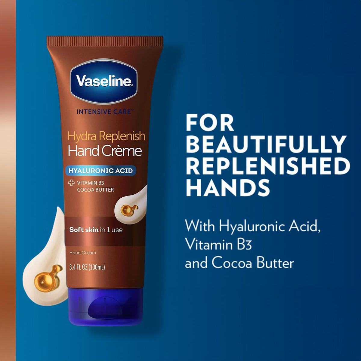 Vaseline hand cream texture on hand demonstrating quick-absorbing hydration