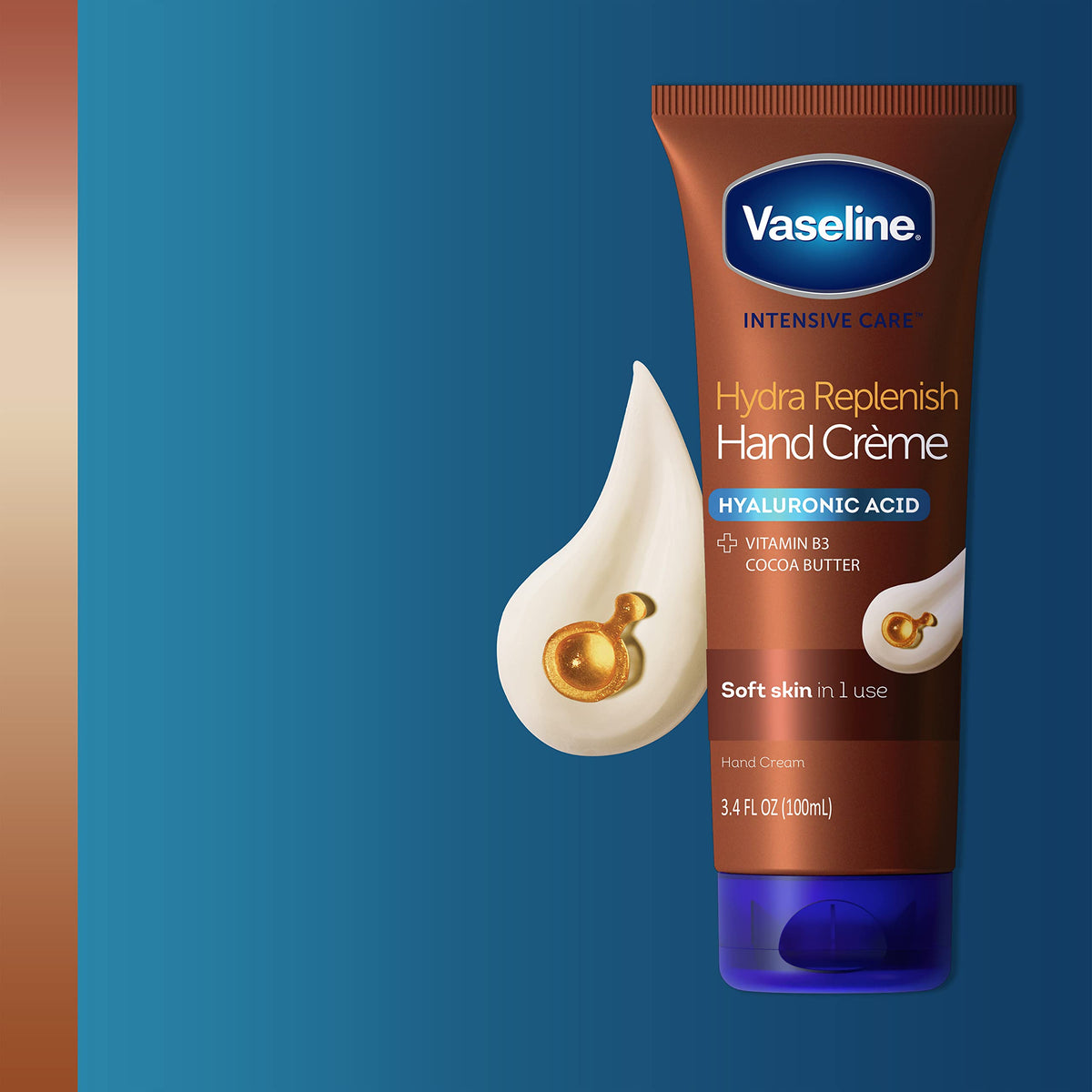 person applying Vaseline hand crème at a desk demonstrating non-greasy, everyday use advantage