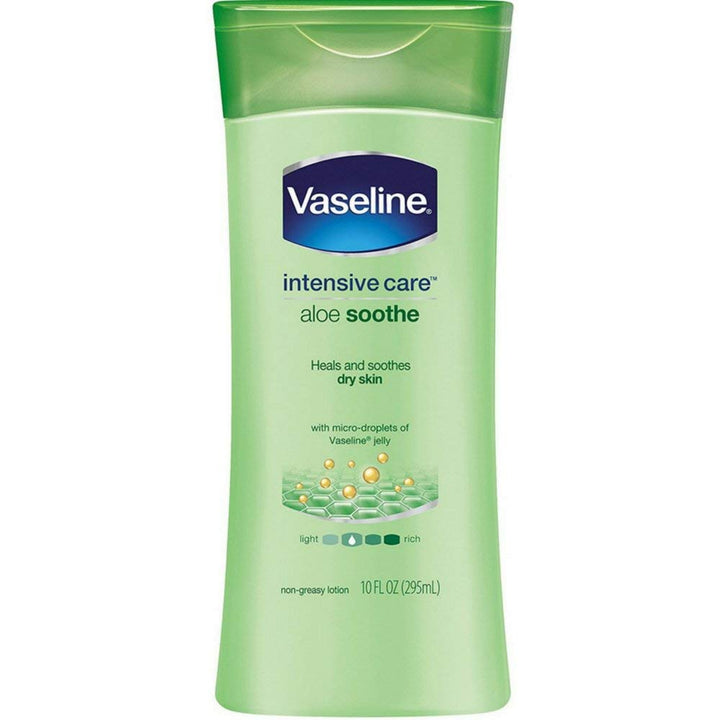 Vaseline front packaging showing 10 oz bottle and aloe benefit