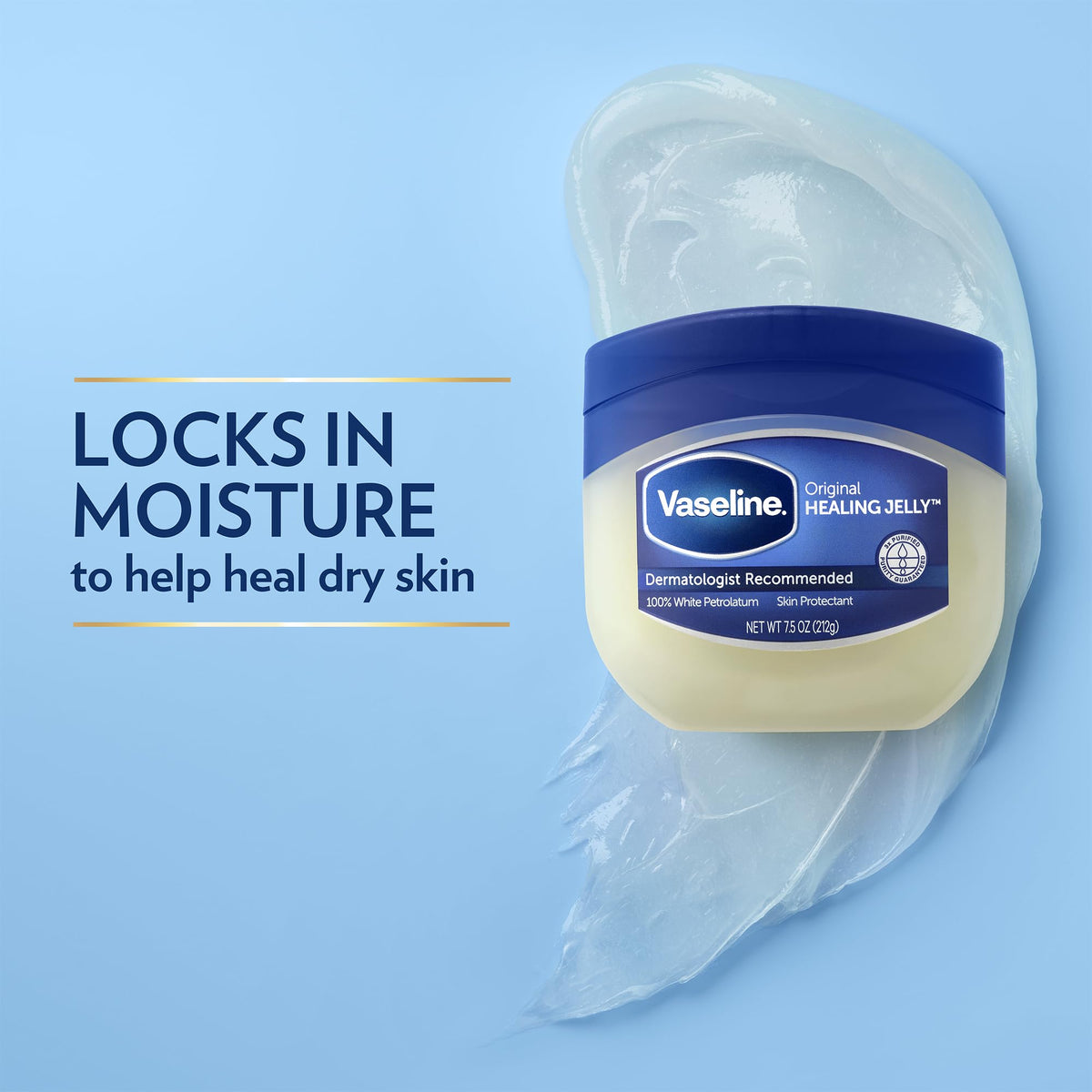 Vaseline jar label and ingredient panel highlighting simple petrolatum formula